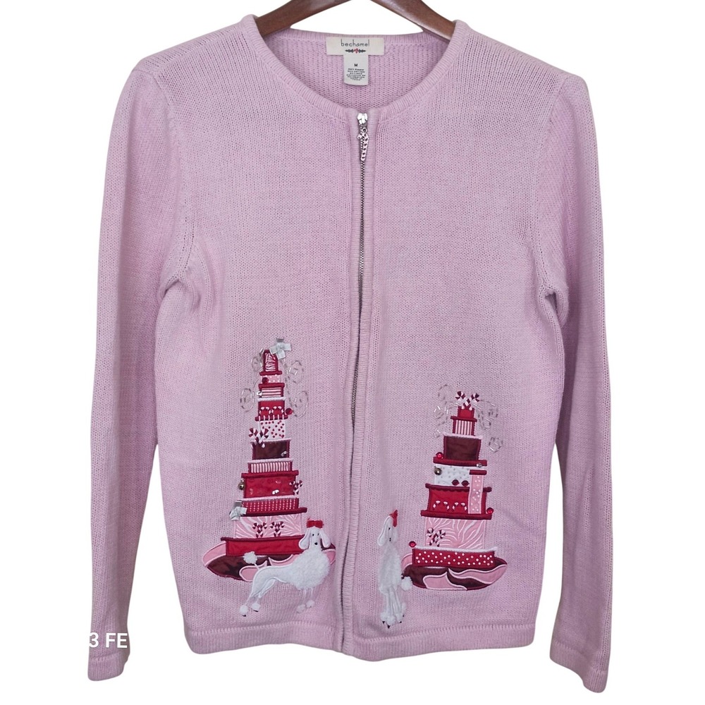 Bechamel Zip Cardigan Sweater Women Med Pink Christmas Poodle Cake Embellished